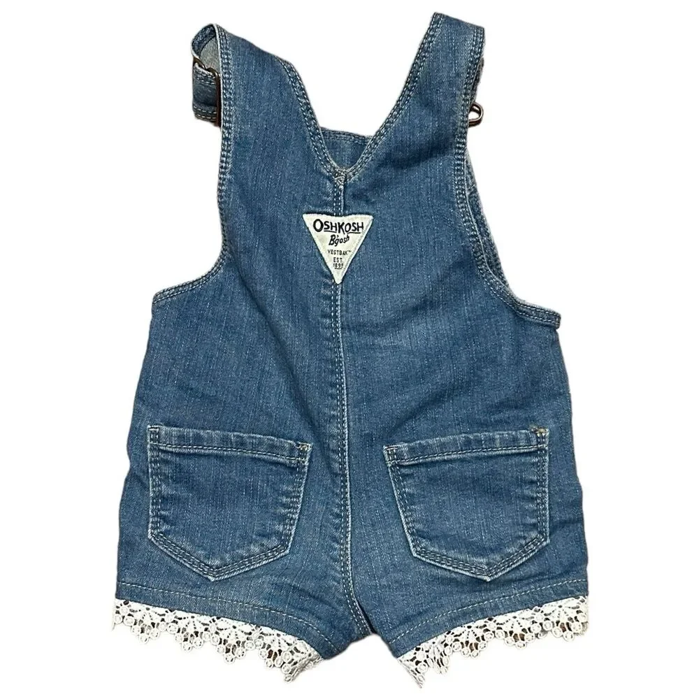 OshKosh Denim Short‎ Overalls Baby Girls 6M Floral Lace Trim Adjustable Straps